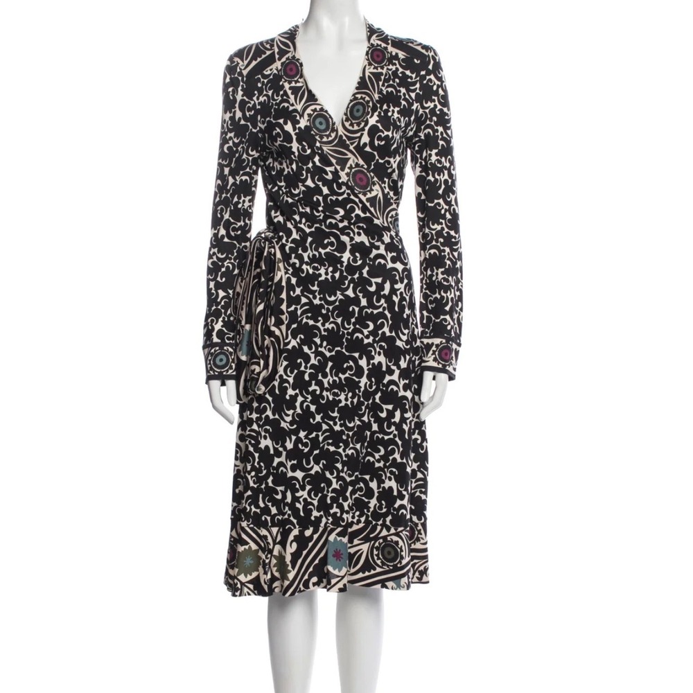 Diane von Furstenberg Julian Silk Jersey Wrap Dress Black Cream Floral Size 12